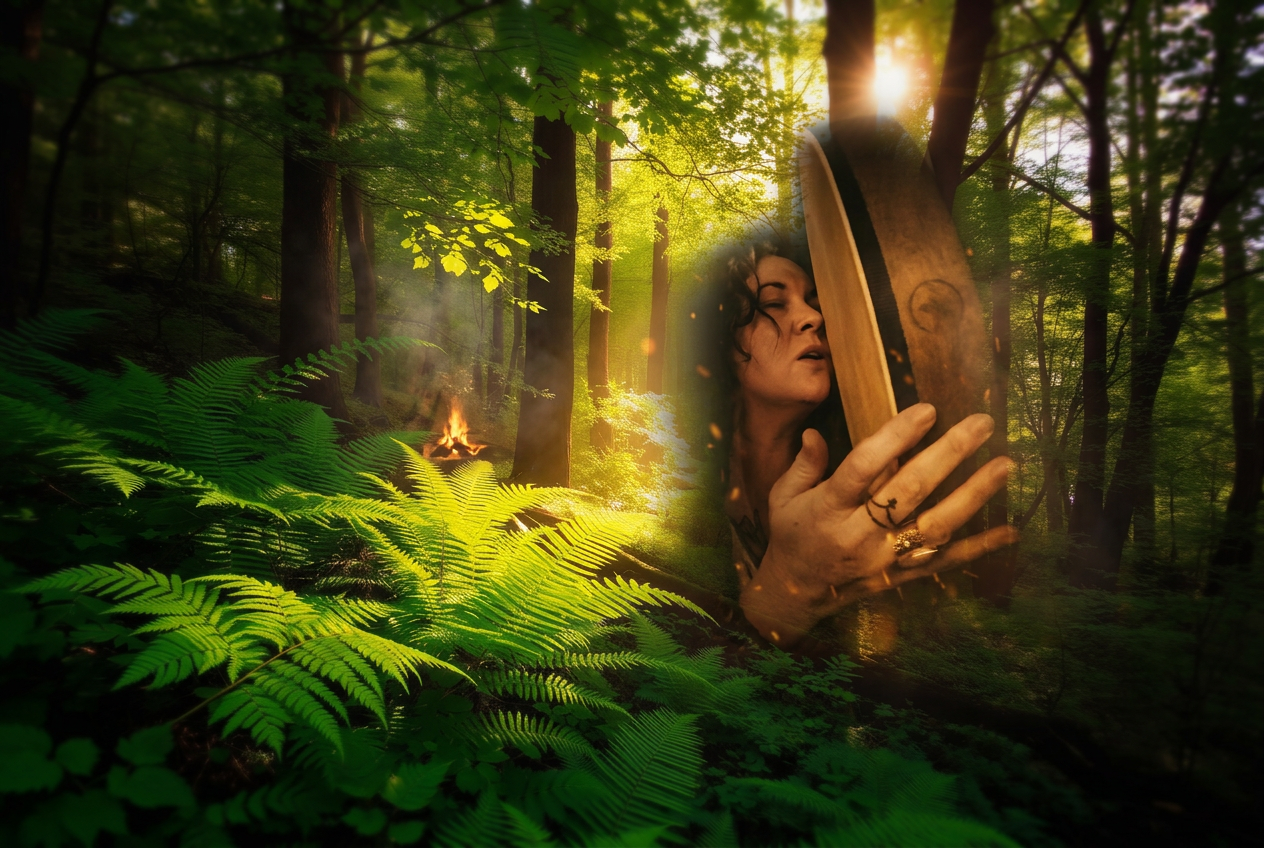 Sunlight filtering through a quiet forest of ferns and trees